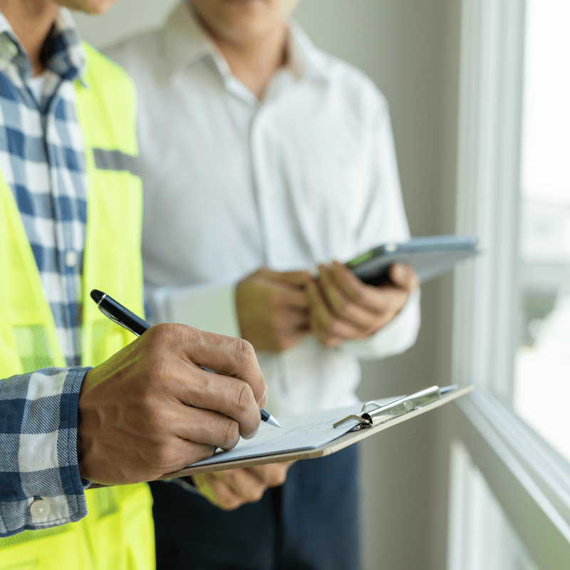 Inspector con clipboard y tablet revisando detalles, representando el compromiso de Seguros CCS con la calidad y el servicio