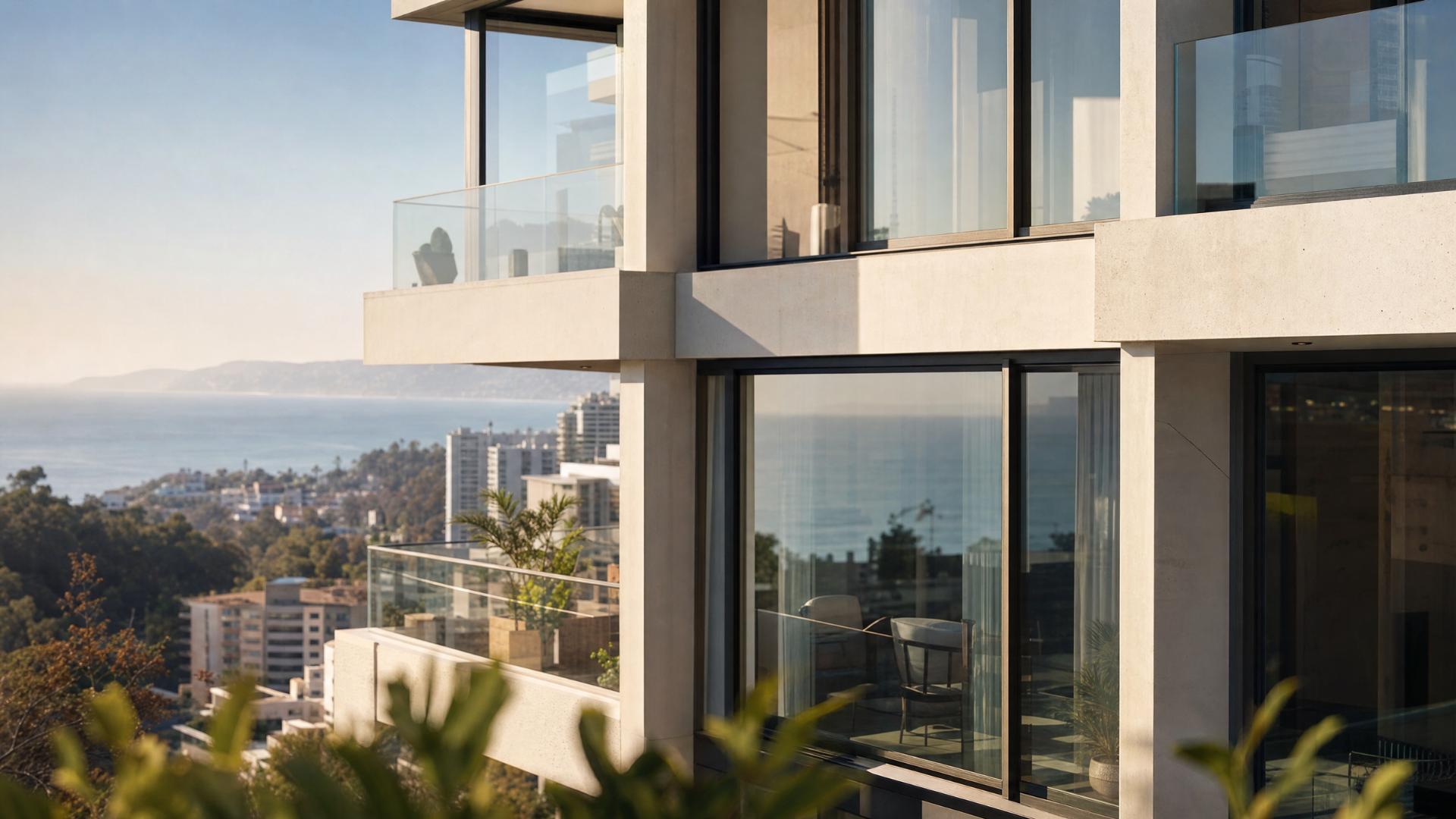 Balcones de un edificio residencial moderno con vista al mar, fachada de hormigón claro y ventanales de piso a techo frente a la costa.