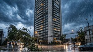 Edificio residencial durante un temporal nocturno en Chile, con lluvia intensa, árboles doblados por el viento y calle mojada.