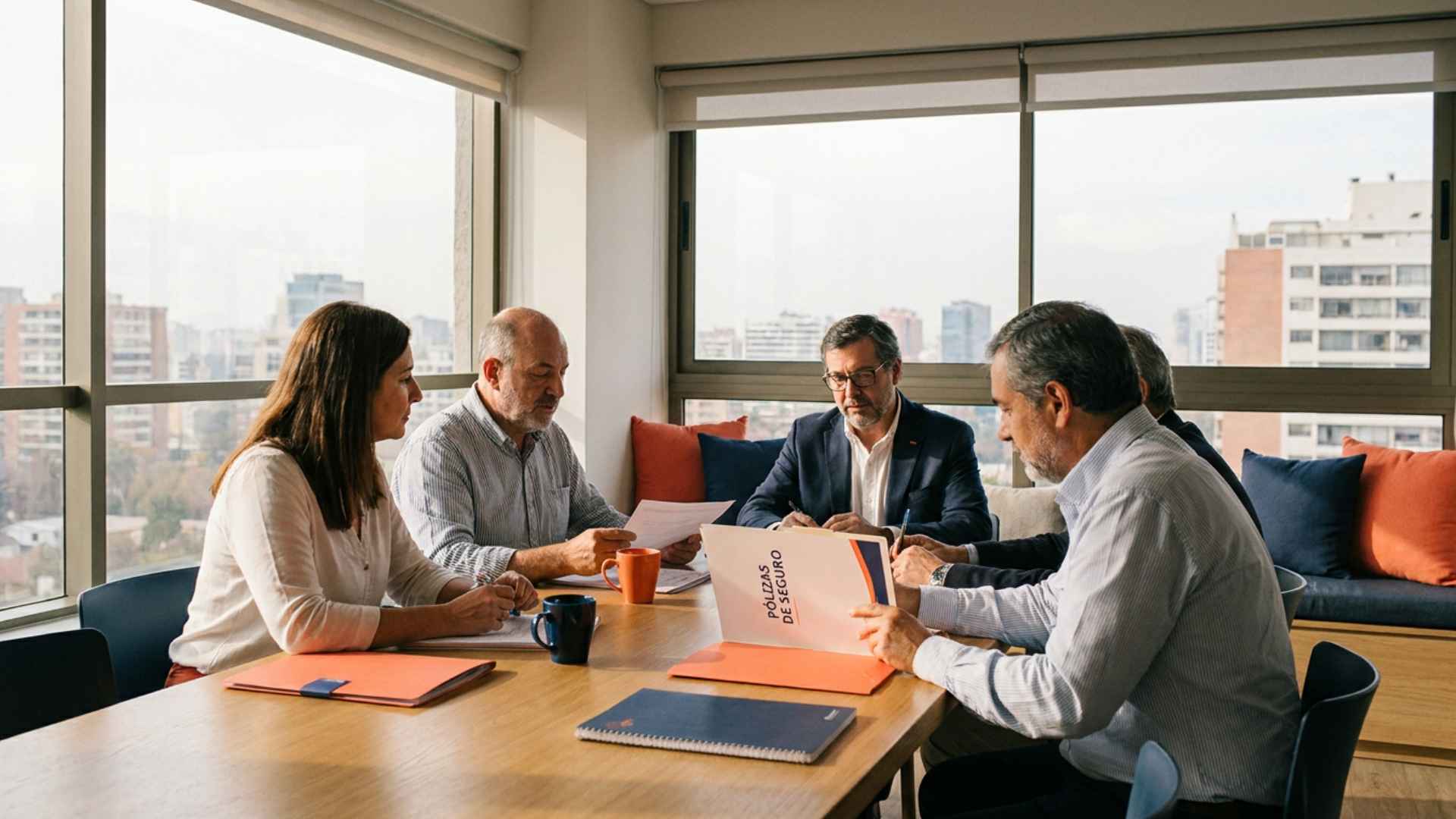 Comité de administración revisando pólizas de seguro en una reunión en las oficinas de Seguros CCS.