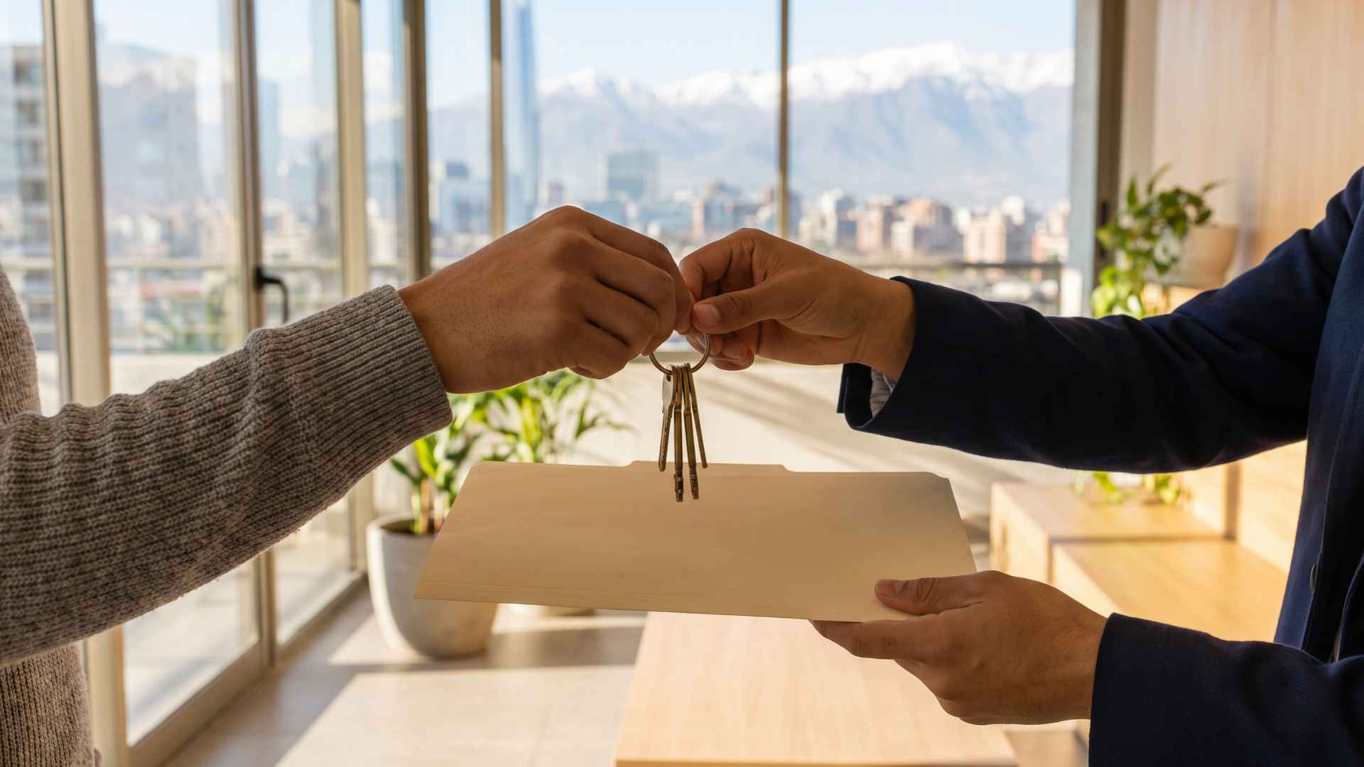 Dos personas se traspasan un llavero y una carpeta frente a un ventanal con vista a Santiago y la cordillera nevada