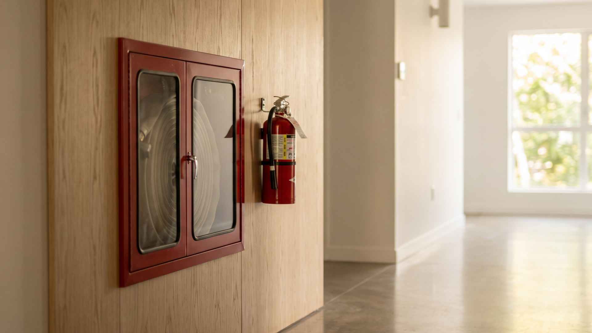 Gabinete de red húmeda y extintor en el pasillo común de un edificio residencial, con luz natural al fondo
