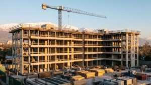Edificio residencial en construcción con estructura de hormigón y una grúa torre, con la cordillera nevada al fondo