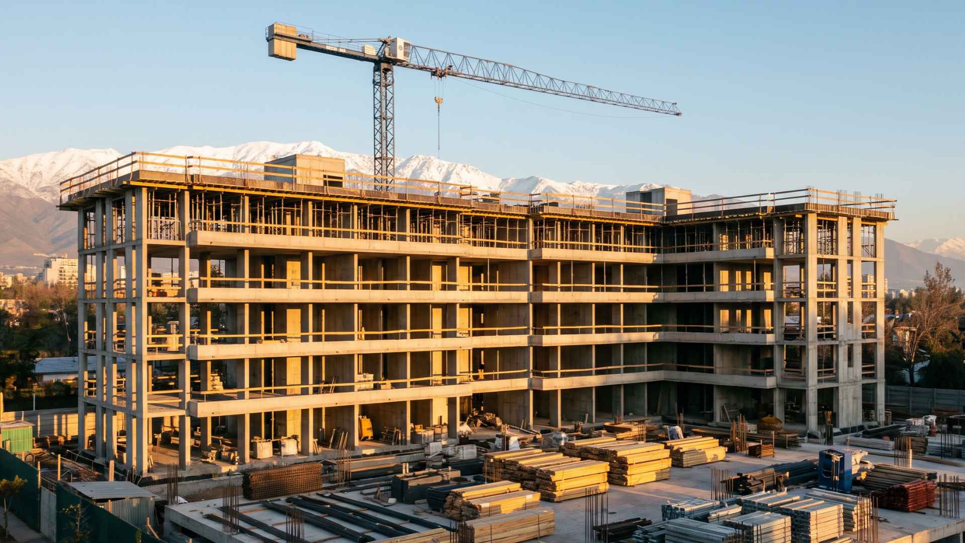 Edificio residencial en construcción con estructura de hormigón y una grúa torre, con la cordillera nevada al fondo