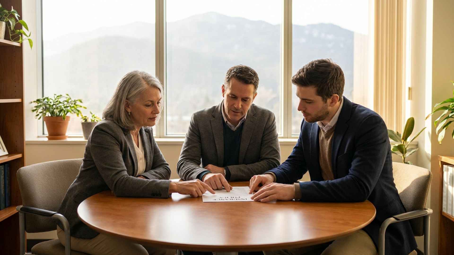 Comité de administración revisando una póliza de seguro en una sala de reuniones con vista a la cordillera.