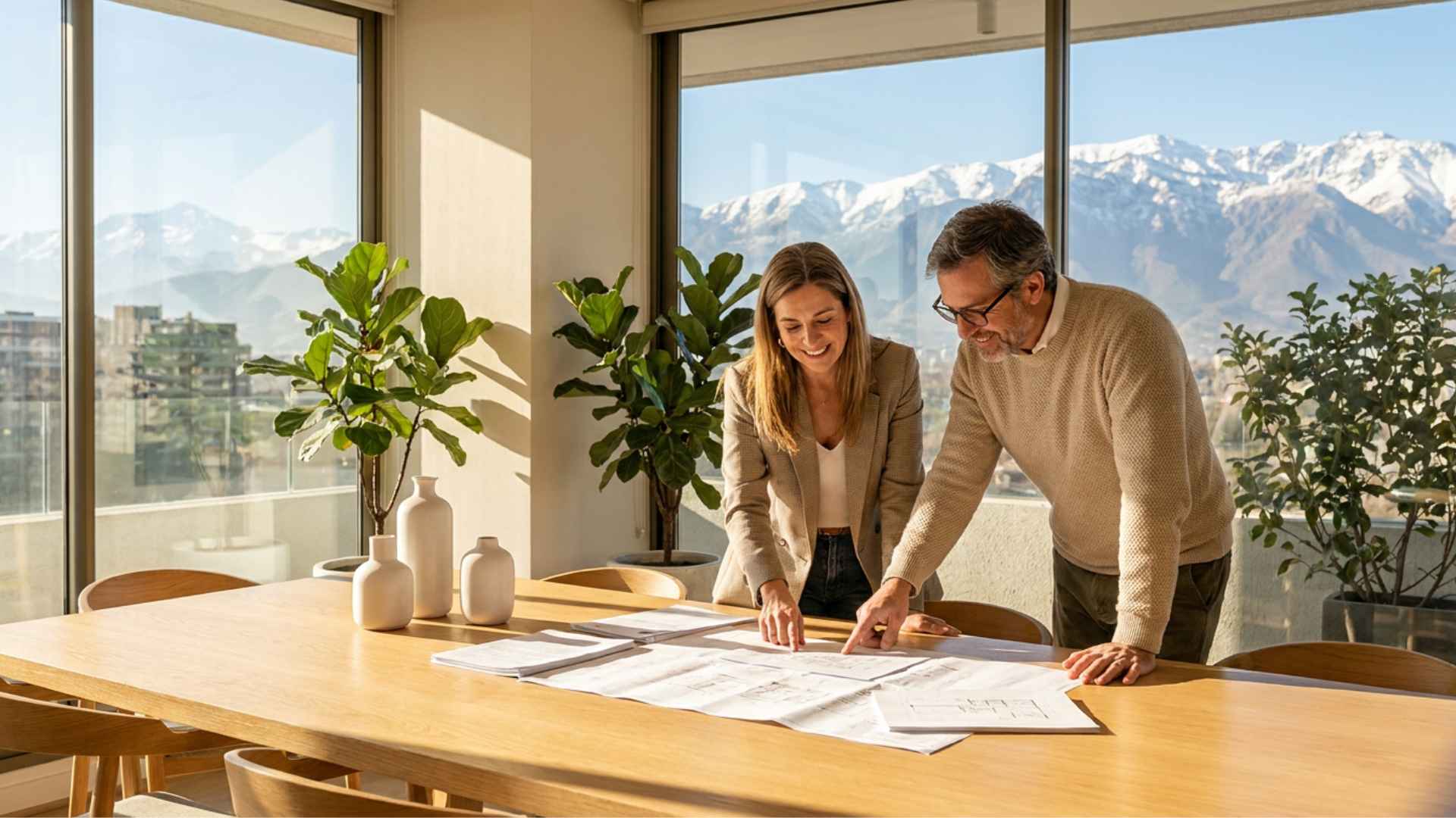 Administrador y miembro de un comité de edificio revisando planos y documentos de la propiedad, con la cordillera de los Andes de fondo.
