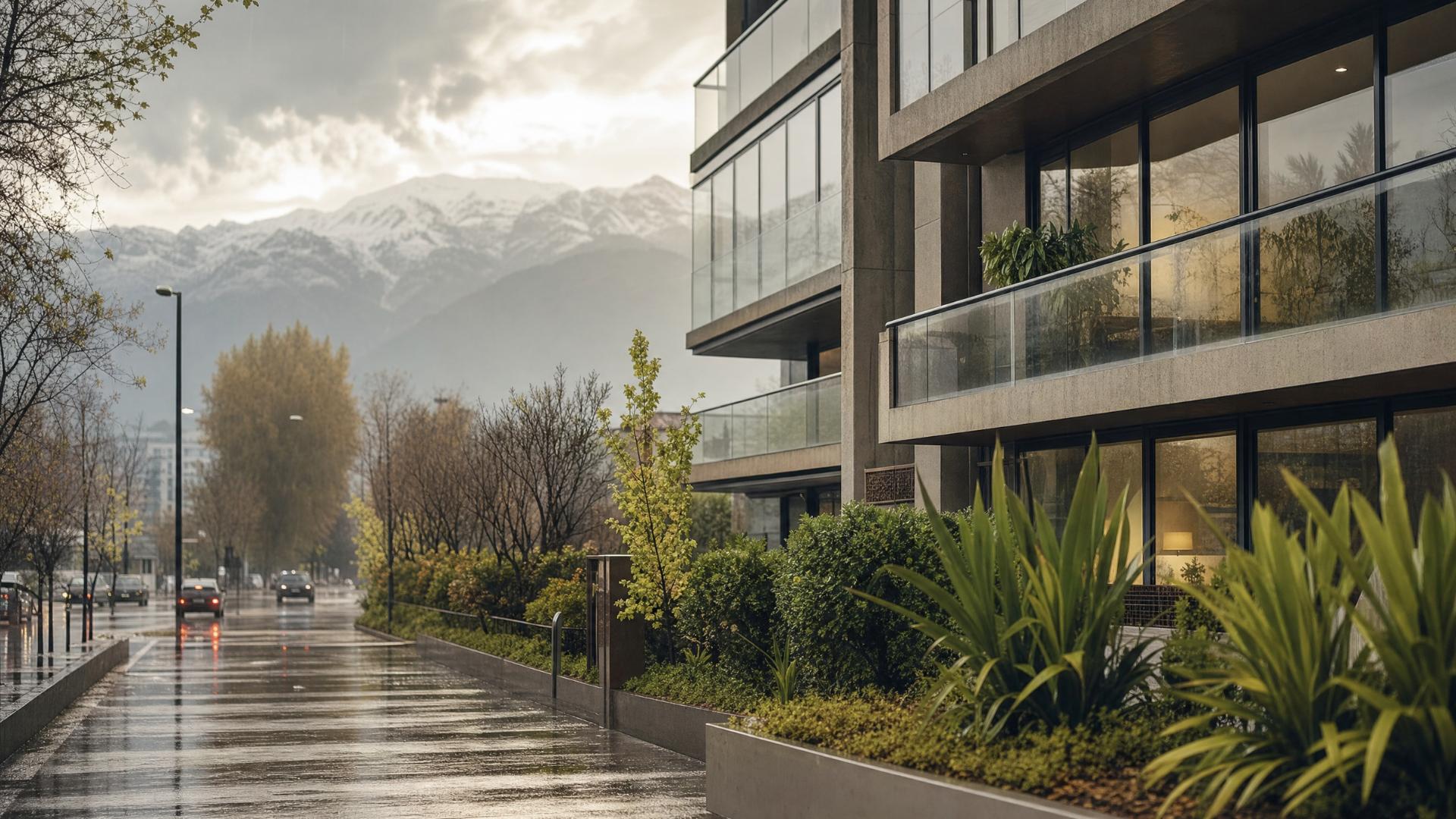 Edificio residencial moderno de hormigón con balcones de vidrio, fotografiado desde la calle en un día lluvioso, con cordillera nevada de fondo y vegetación en primer plano.