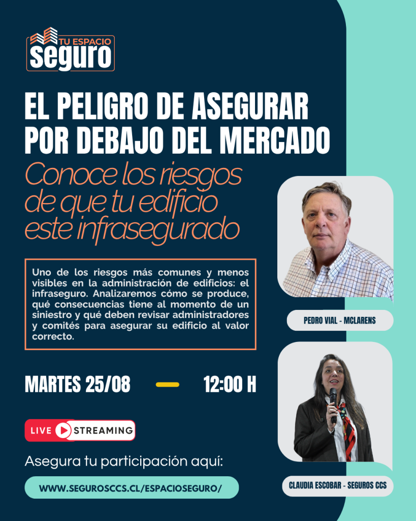 Afiche vertical del webinar Espacio Seguro sobre el peligro de asegurar un edificio por debajo del mercado.