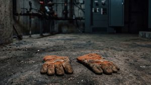 Guantes de trabajo gastados en el piso de una sala de máquinas de un edificio, con cañerías y tableros eléctricos de fondo, ilustrando la responsabilidad civil patronal en condominios.