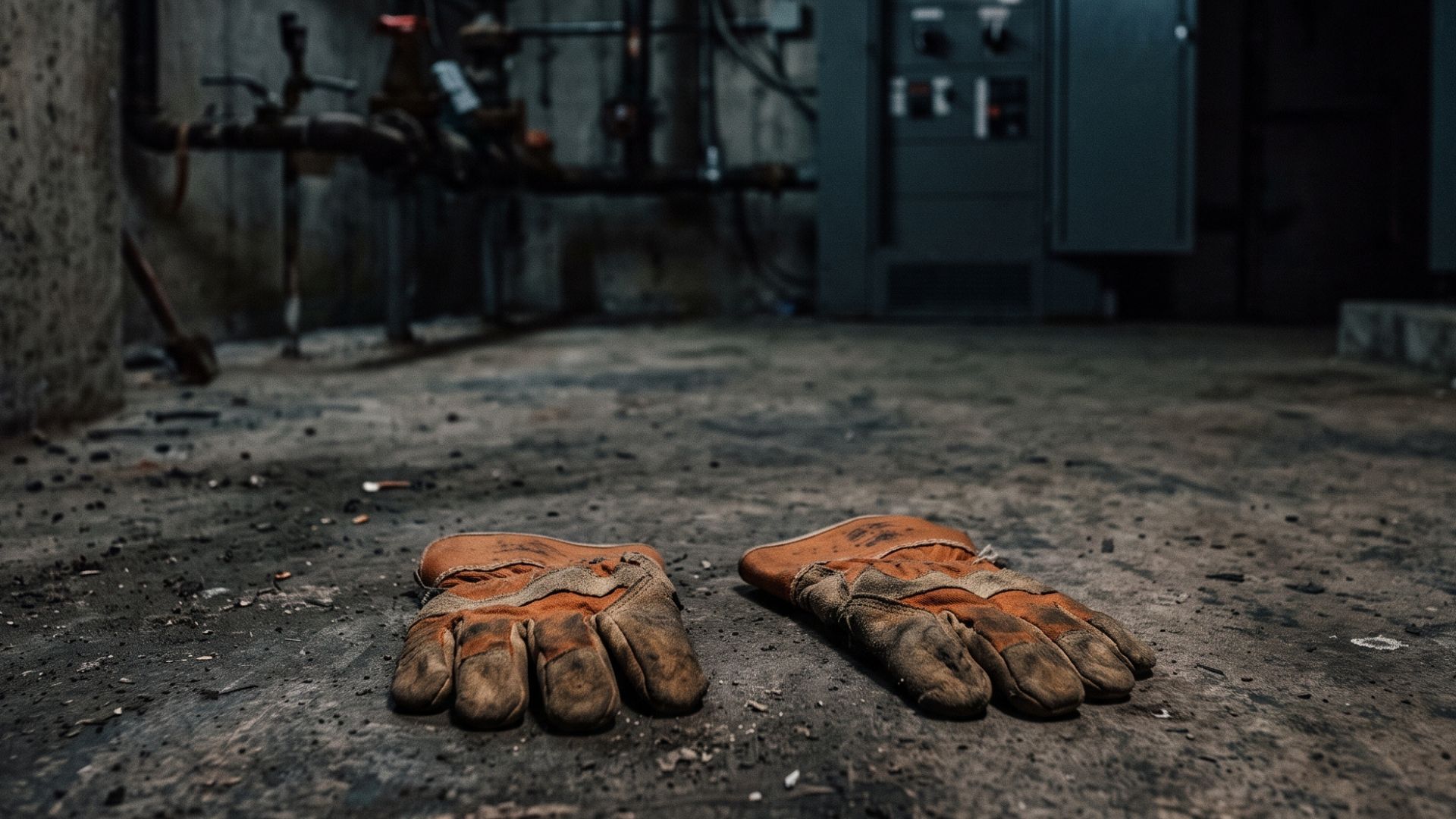 Guantes de trabajo gastados en el piso de una sala de máquinas de un edificio, con cañerías y tableros eléctricos de fondo, ilustrando la responsabilidad civil patronal en condominios.