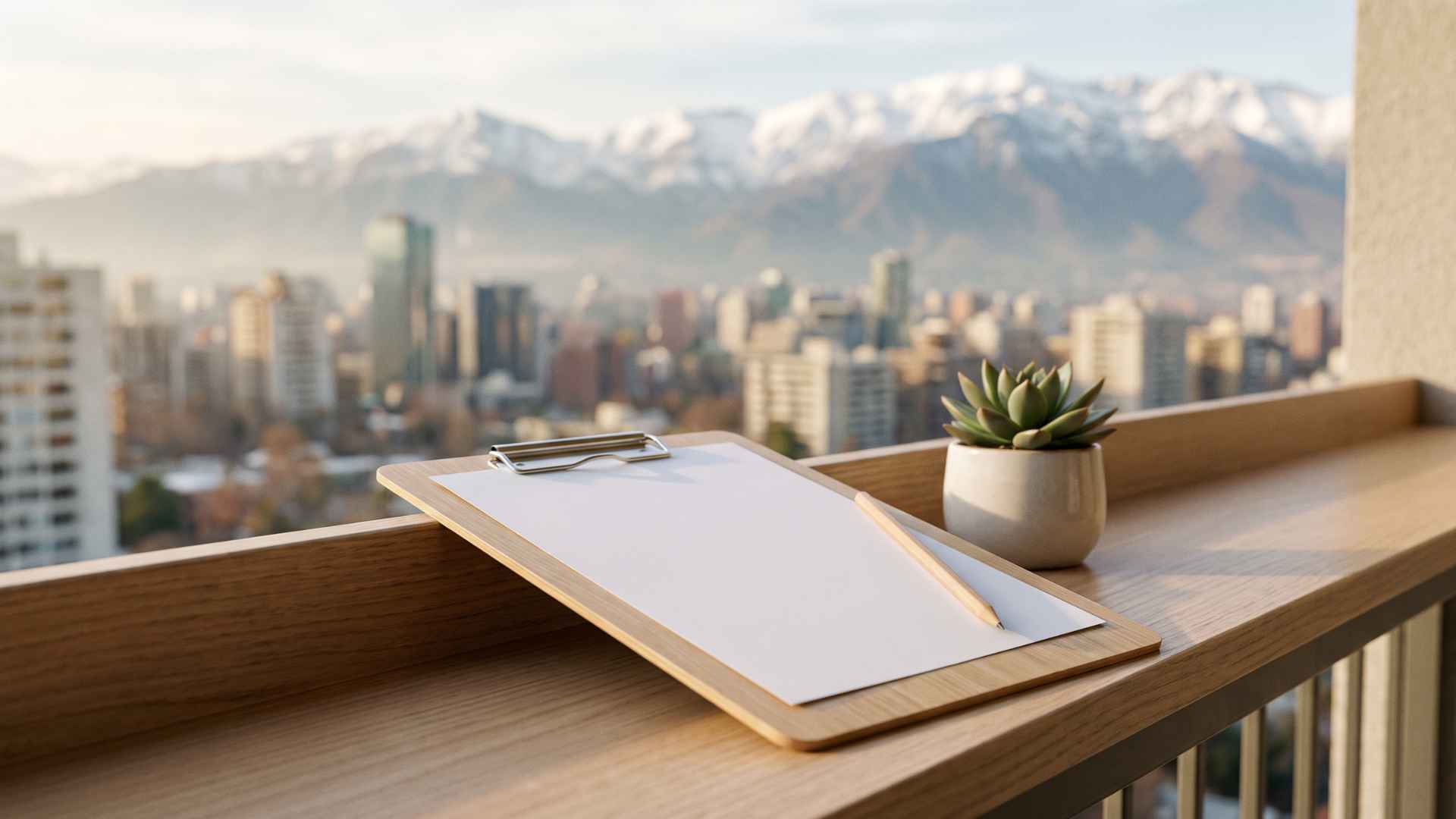 Tablilla de madera con una hoja en blanco y un lápiz sobre la baranda de un balcón, con una suculenta y vista a Santiago y la cordillera nevada